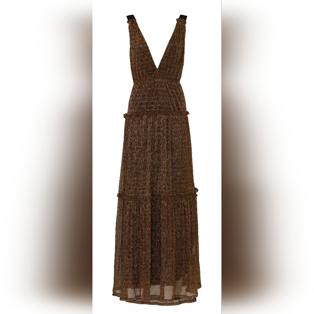 Hutch Metallic Bronze Black Maxi Dress V-Neck Sleeveless Tiered Skirt Size 4 - Picture 2 of 15